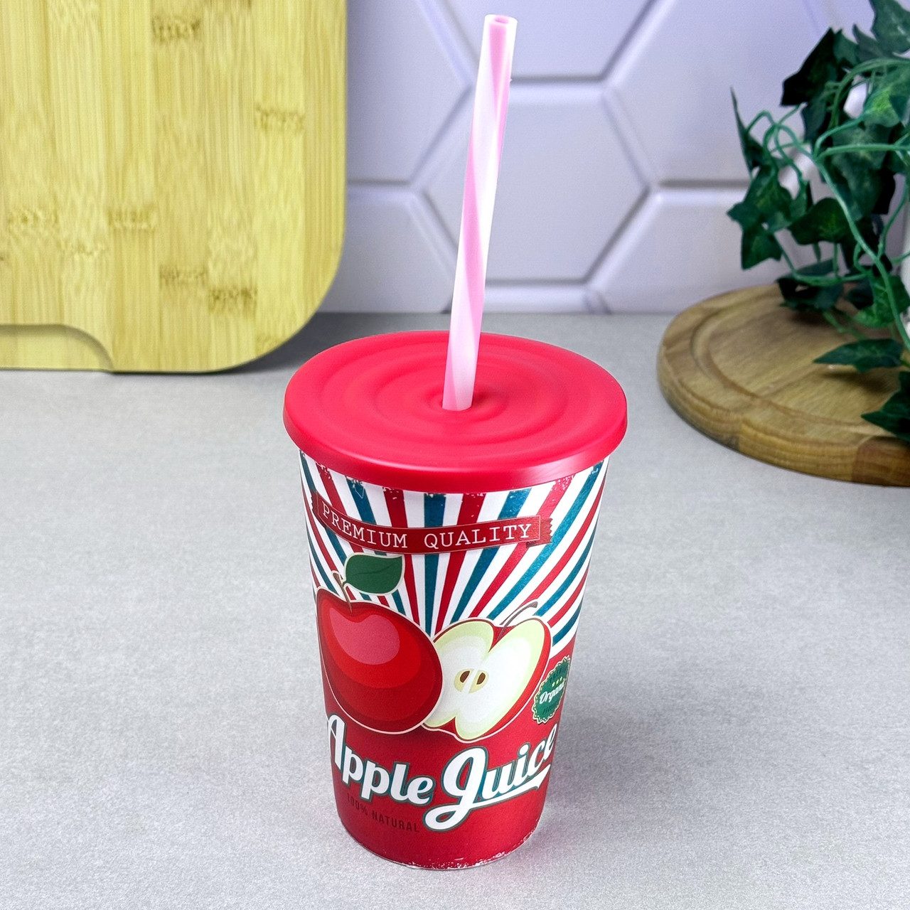 Склянка з трубочкою 0,65 л червоний декор Apple Juice Herevin