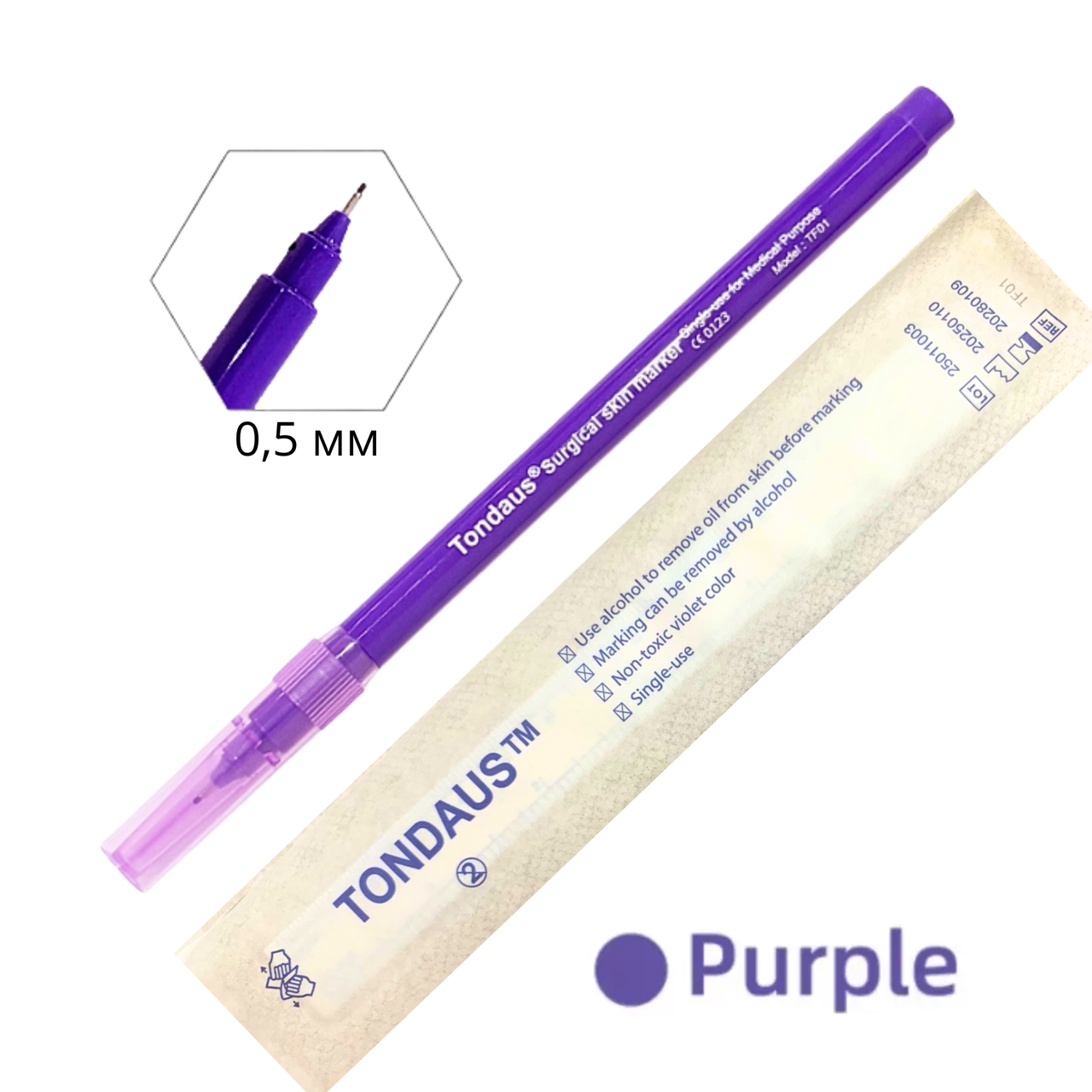 Маркер для розмітки по шкірі у індивідуальній упаковці з лінійкою | Фіолетовий | Tondaus TF01 | товщина пера 0,5 мм