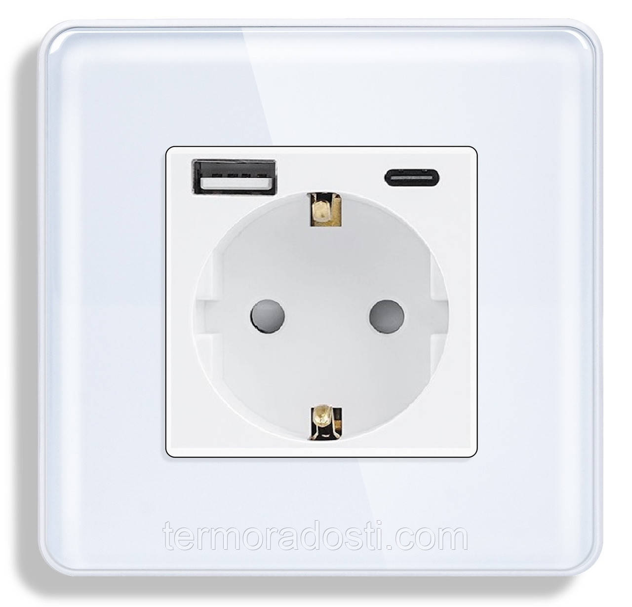 Скляна розетка з USB+Type-C 1DAL | Білий з З/К + Шторки (G86D-STUTC.WT)