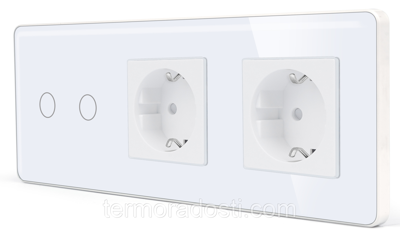 Сенсорний Wi-Fi + BLE вимикач (2кл.) + Розетка (2 шт.) 1DAL | Білий Скло (G228D-SW2G.WF-STX2.WT), фото 1