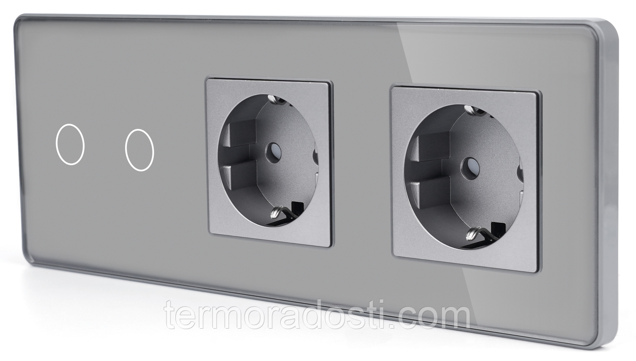 Сенсорний Wi-Fi + BLE вимикач (2кл.) + Розетка (2 шт.) 1DAL | Сірий Скло (G228D-SW2G.WF-STX2.GR)