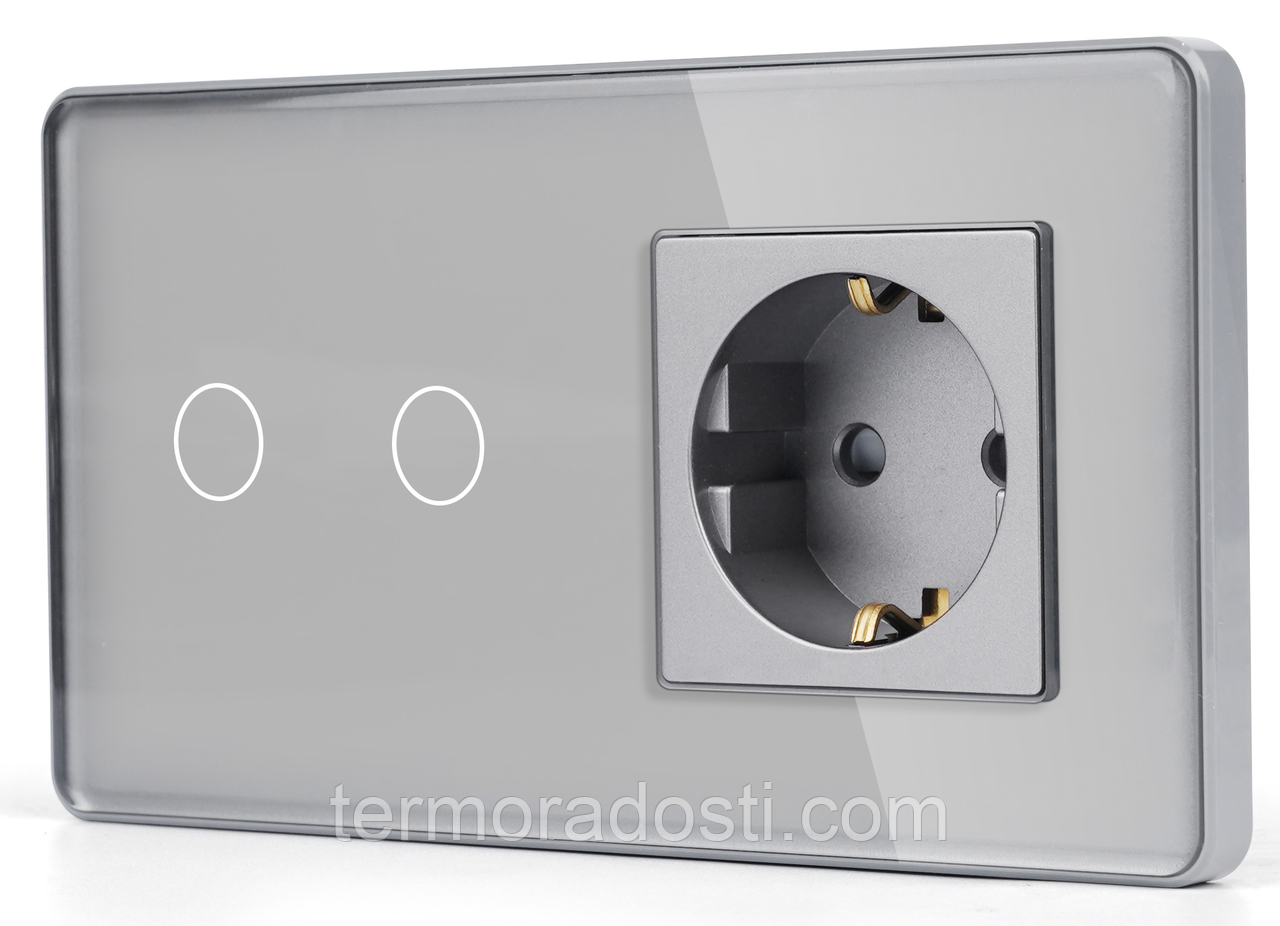 Сенсорний Wi-Fi + BLE вимикач (2кл.) + Розетка з Wi-Fi 1DAL | Сірий Скло (G157D-SW2G.WF-ST.WF.GR), фото 1