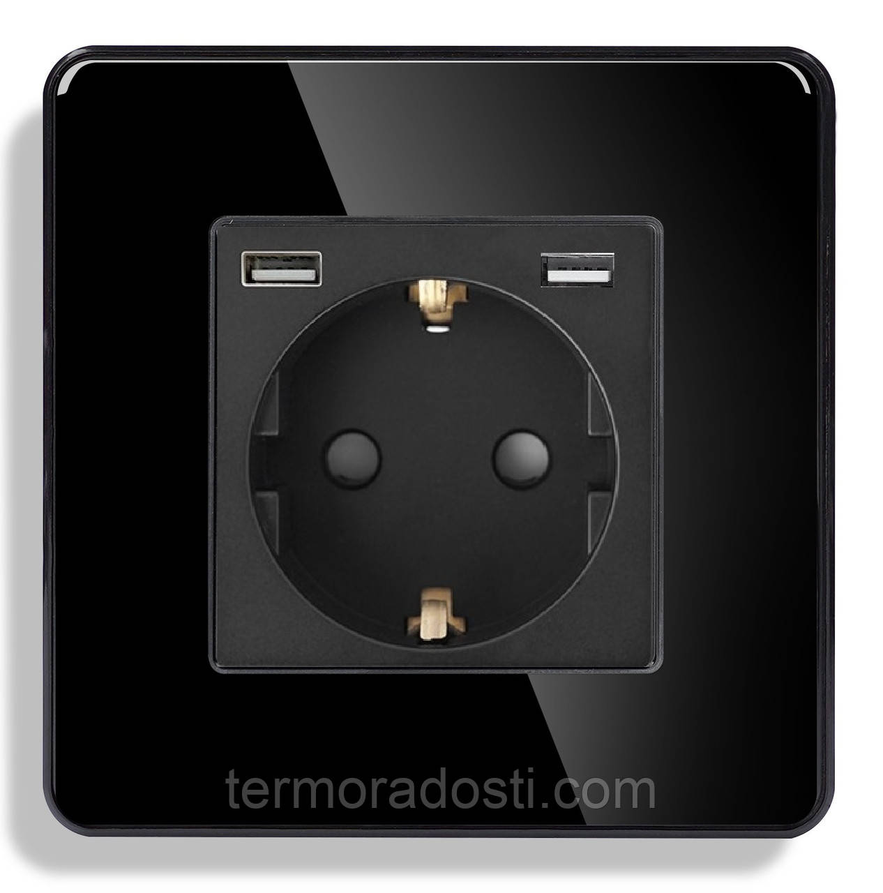 Скляна розетка з USB 1DAL | Чорний з З/К + Шторки (G86D-STU2.BL), фото 1