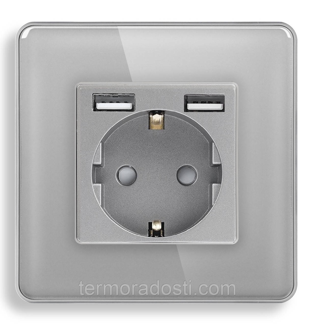 Скляна розетка з USB 1DAL | Сірий з З/К + Шторки (G86D-STU2.GR)