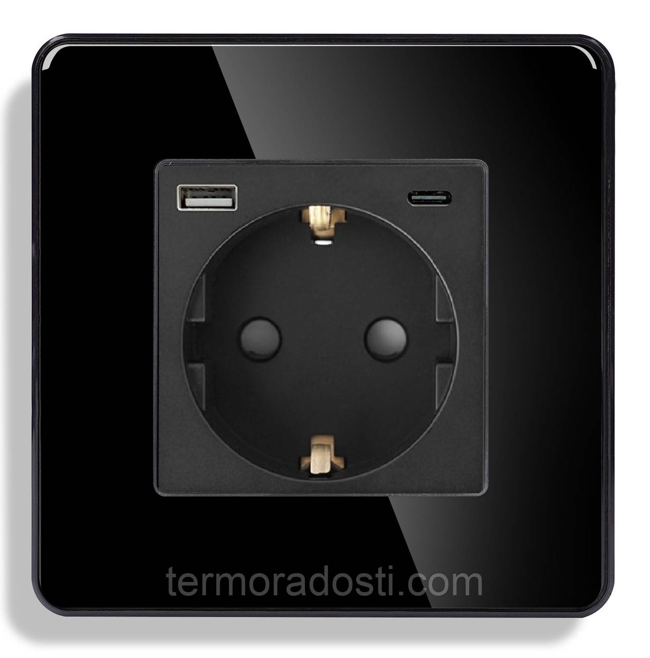 Скляна розетка з USB+Type-C 1DAL | Чорний з З/К + Шторки (G86D-STUTC.BL)