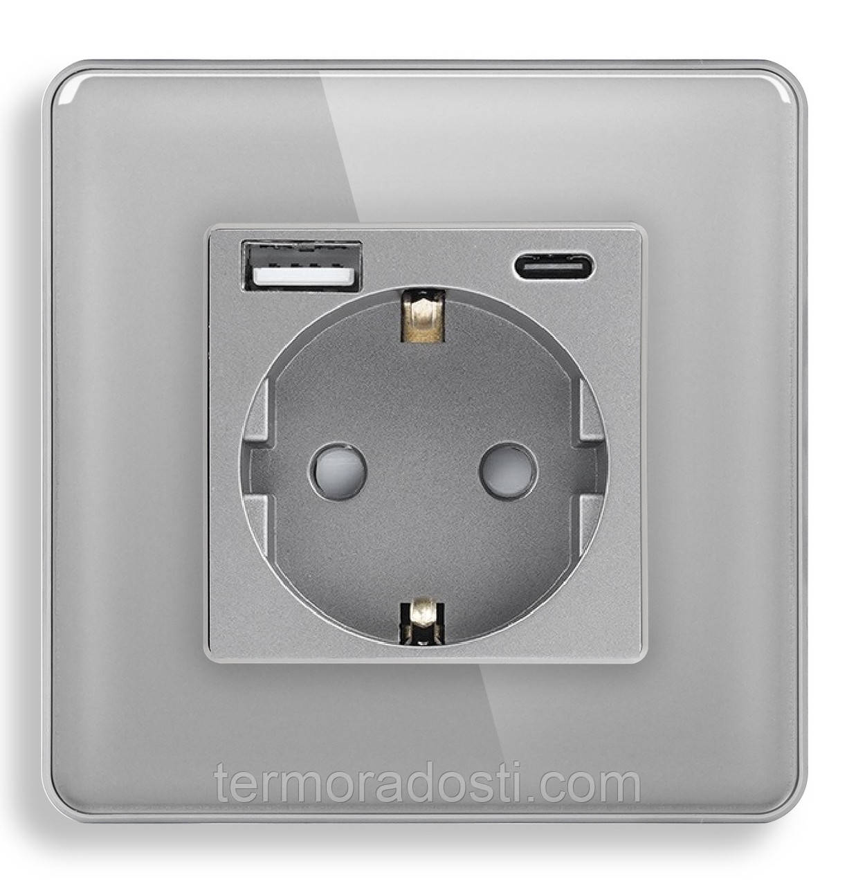 Скляна розетка з USB+Type-C 1DAL | Сірий з З/К + Шторки (G86D-STUTC.GR), фото 1
