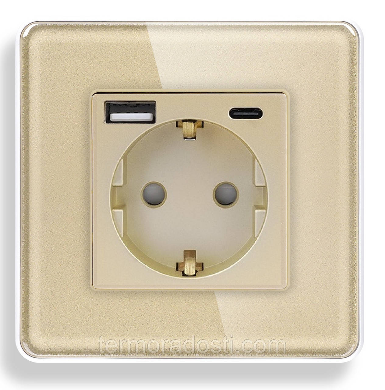 Скляна розетка з USB+Type-C 1DAL | Золото з З/К + Шторки (G86D-STUTC.GD), фото 1