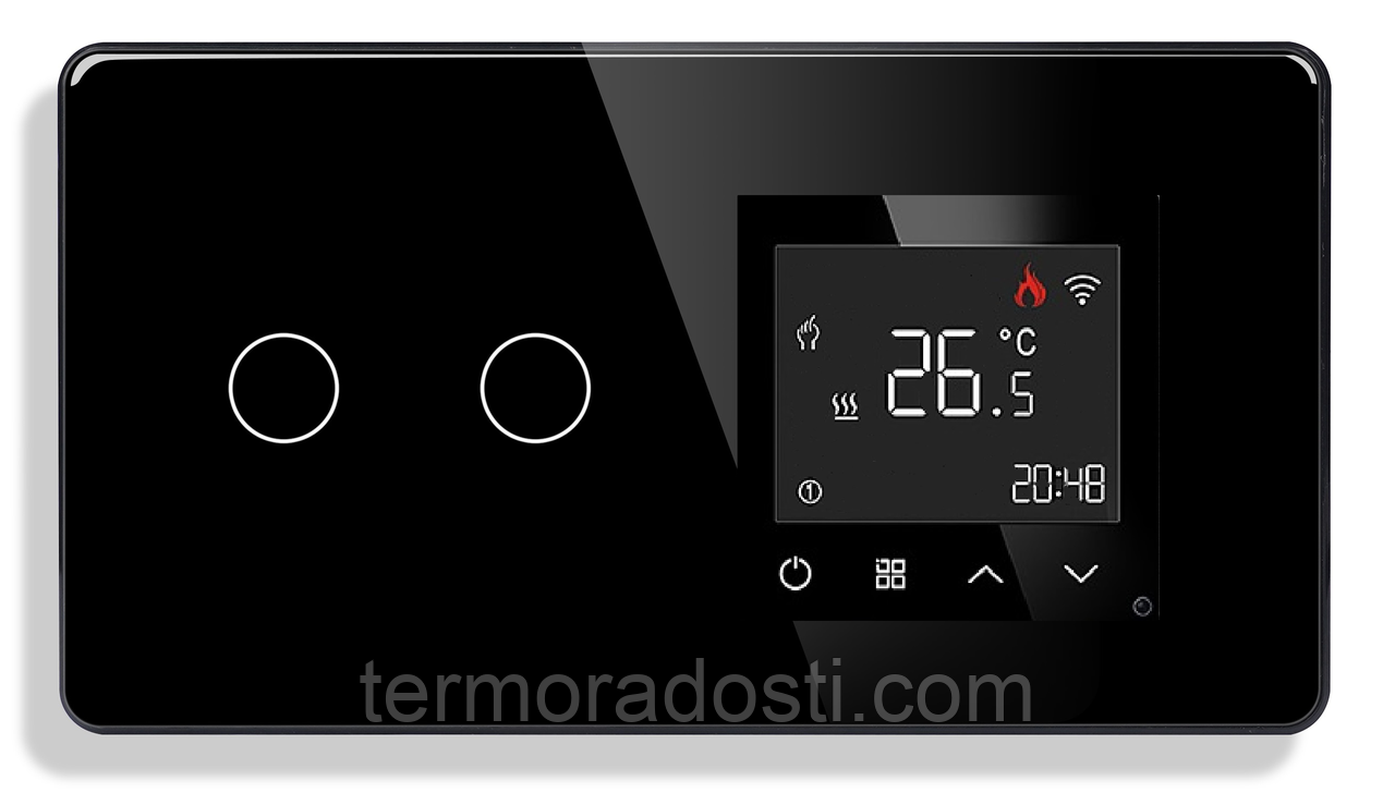 Wi-Fi регулятор теплої підлоги + Вимикач 2 сенсора 1DAL | Чорний, Загартоване скло (G157D-SW2G-TR.WF.BL), фото 1