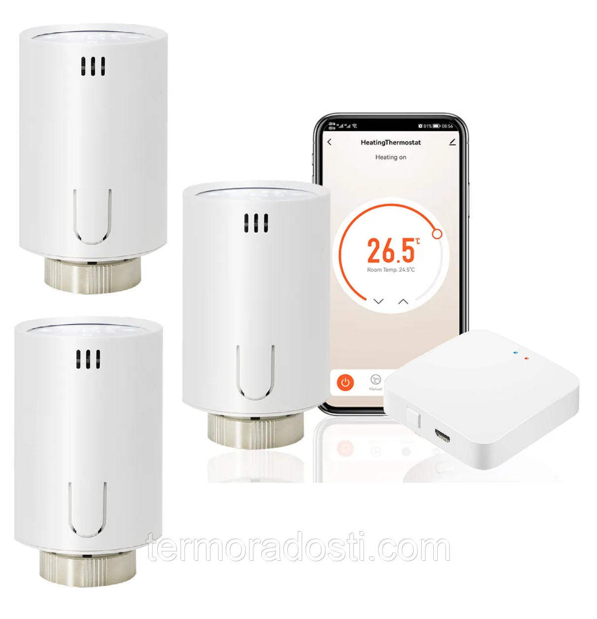 Wi-Fi керування радіаторами 1DAL | ZigBee термоголовка (3 шт.) + розумний хаб Tuya (TR03.WG128A), фото 1