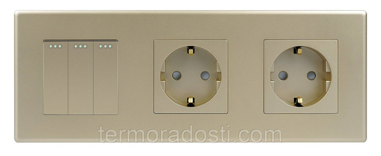 Вимикач (3кл.) + Розетка (2 шт.) 1DAL | Золото (P228-SW3G-STX2.GD), фото 1