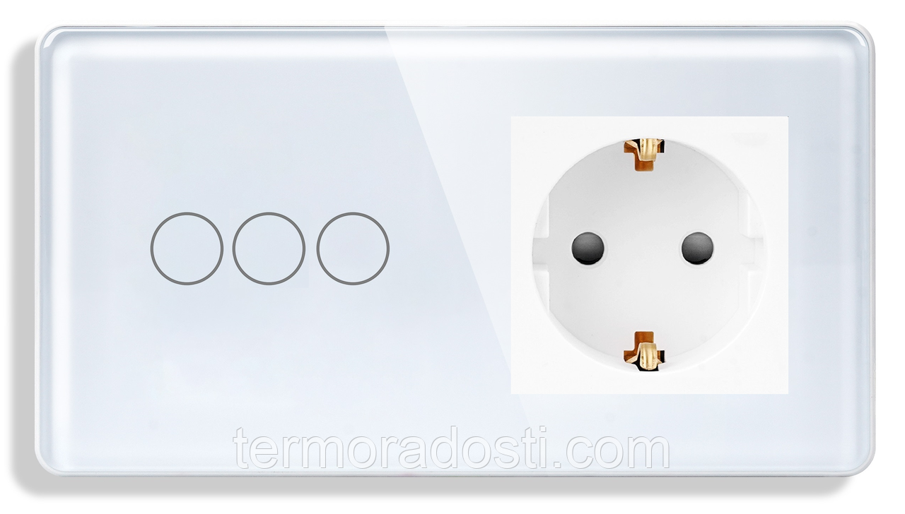Сенсорний Wi-Fi + BLE вимикач (3кл.) + Розетка (1 шт.) 1DAL | Білий Скло (G157D-SW3G.WF-ST.WT), фото 1