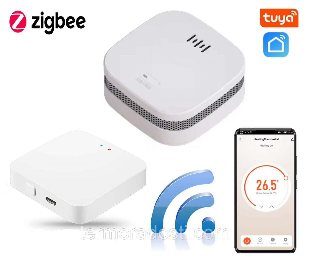 Бездротовий датчик виявлення диму 1DAL SDS-ZB + Хаб ZigBee Tuya WG128A, фото 1