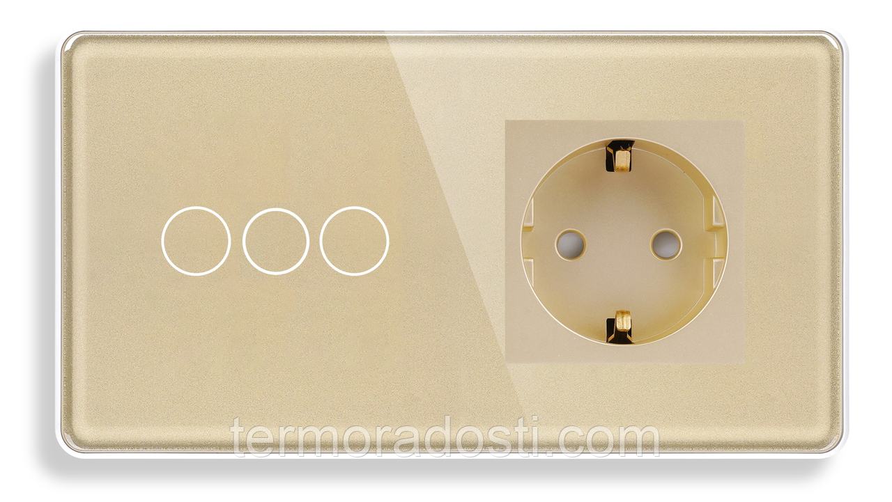 Сенсорний Wi-Fi + BLE вимикач (3кл.) + Розетка з Wi-Fi 1DAL | Золото Скло (G157D-SW3G.WF-ST.WF.GD)