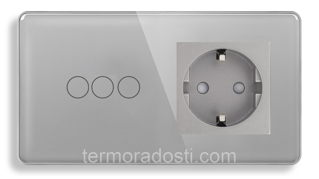 Сенсорний Wi-Fi + BLE вимикач (3кл.) + Розетка (1 шт.) 1DAL | Сірий Скло (G157D-SW3G.WF-ST.GR), фото 1