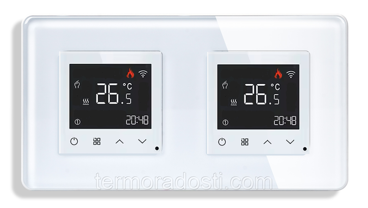 Двозонний Wi-Fi терморегулятор для підлоги 1DAL | Білий, Скляна рамка, 2 підрозетники (G157D-TRX2.WF.WT), фото 1