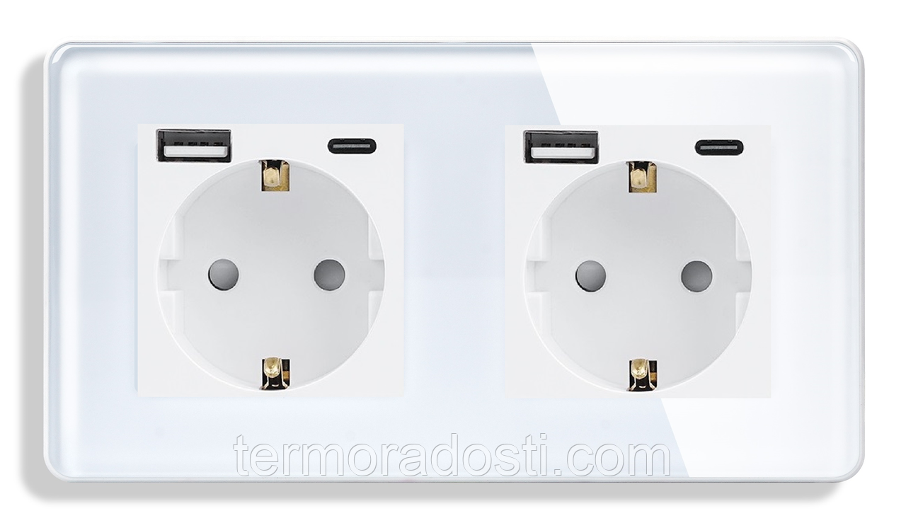 Скляна розетка з USB + Type-C 1DAL | Білий 2 гнізда (G157D-STUTCX2.WT)