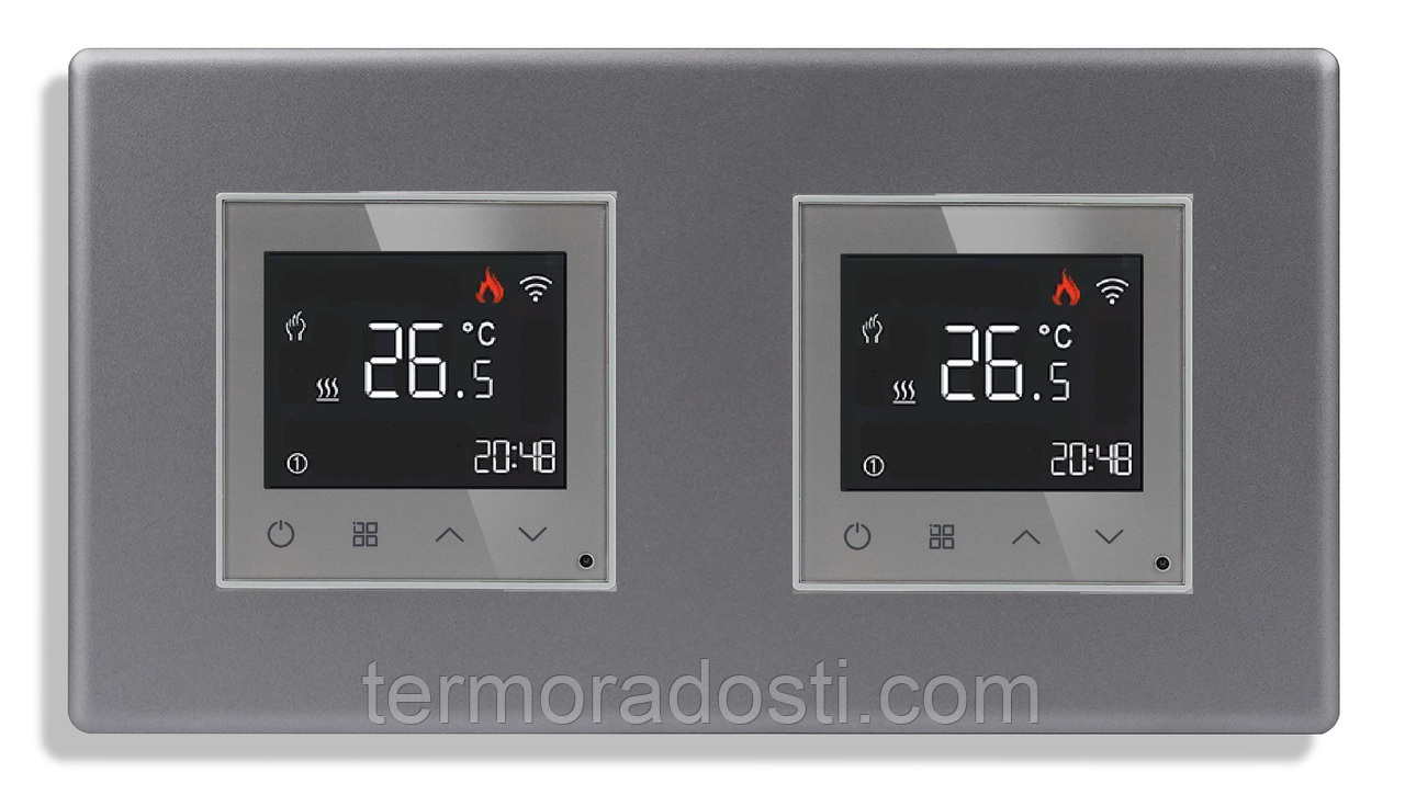Двозонний Wi-Fi терморегулятор теплої підлоги 1DAL | Сірий, 2 підрозетники (P157-TRX2.WF.GR), фото 1