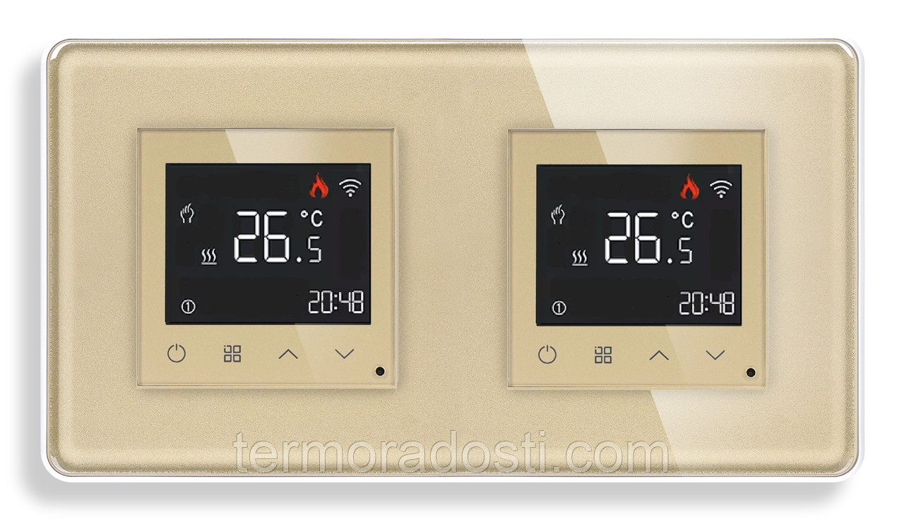 Двозонний Wi-Fi терморегулятор для підлоги 1DAL | Золото, Скляна рамка, 2 підрозетники (G157D-TRX2.WF.GD), фото 1