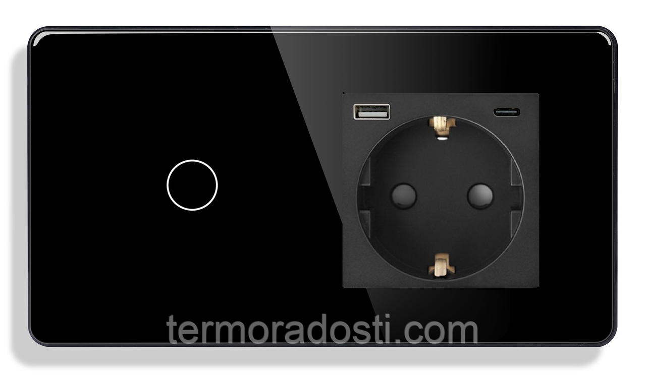 Сенсорний вимикач (1кл.) + Розетка з USB і Type-C 1DAL | Чорне Скло (G157D-SW1G-STUTC.BL)