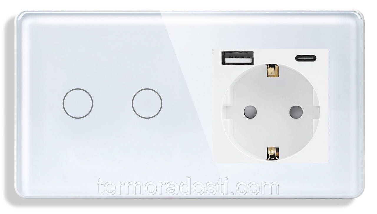 Сенсорний вимикач (2кл.) + Розетка з USB і Type-C 1DAL | Біле Скло (G157D-SW2G-STUTC.WT), фото 1