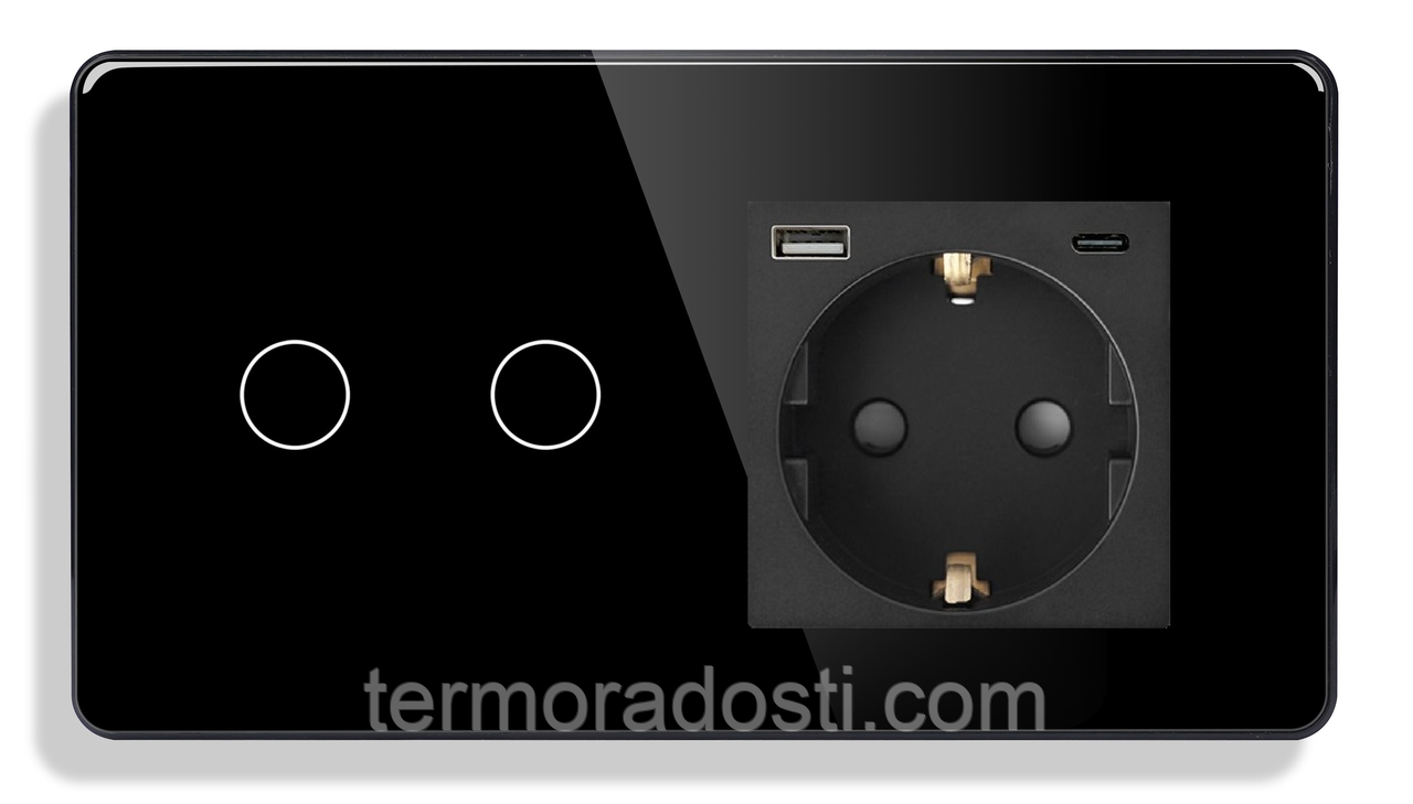 Сенсорний вимикач (2кл.) + Розетка з USB і Type-C 1DAL | Чорне Скло (G157D-SW2G-STUTC.BL), фото 1
