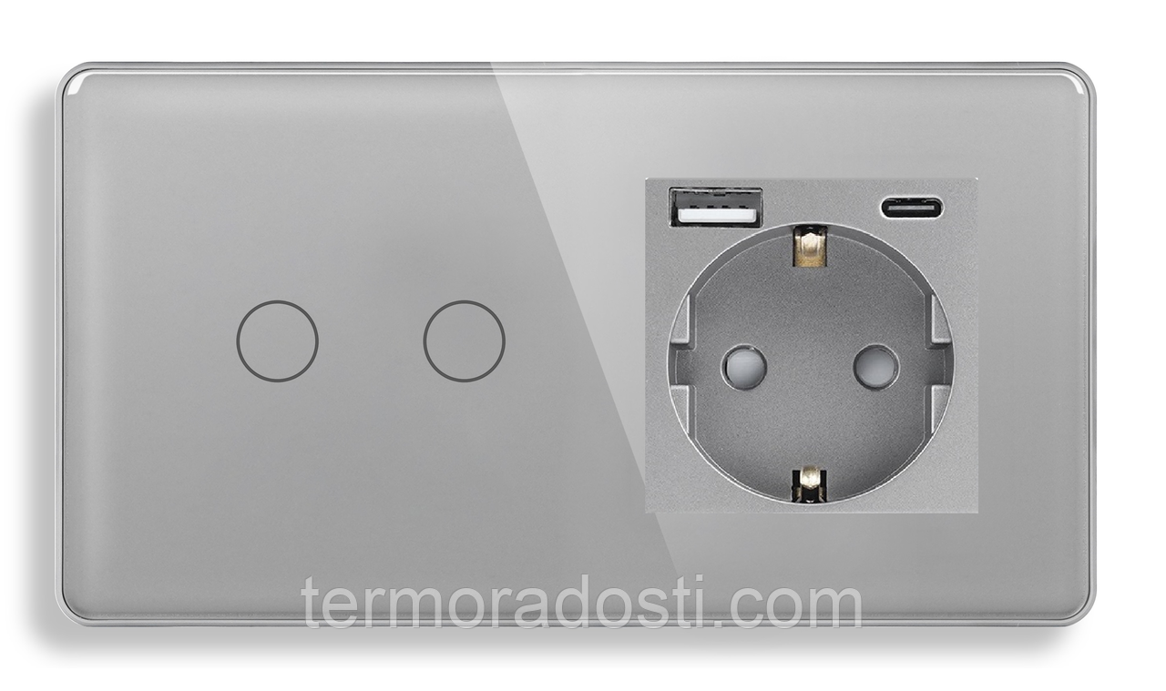 Сенсорний вимикач (2кл.) + Розетка з USB і Type-C 1DAL | Сірий Скло (G157D-SW2G-STUTC.GR), фото 1