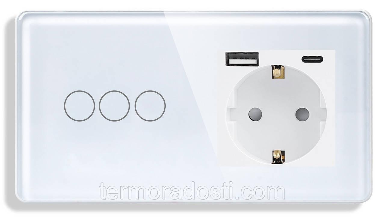 Сенсорний вимикач (3кл.) + Розетка з USB і Type-C 1DAL | Біле Скло (G157D-SW3G-STUTC.WT), фото 1