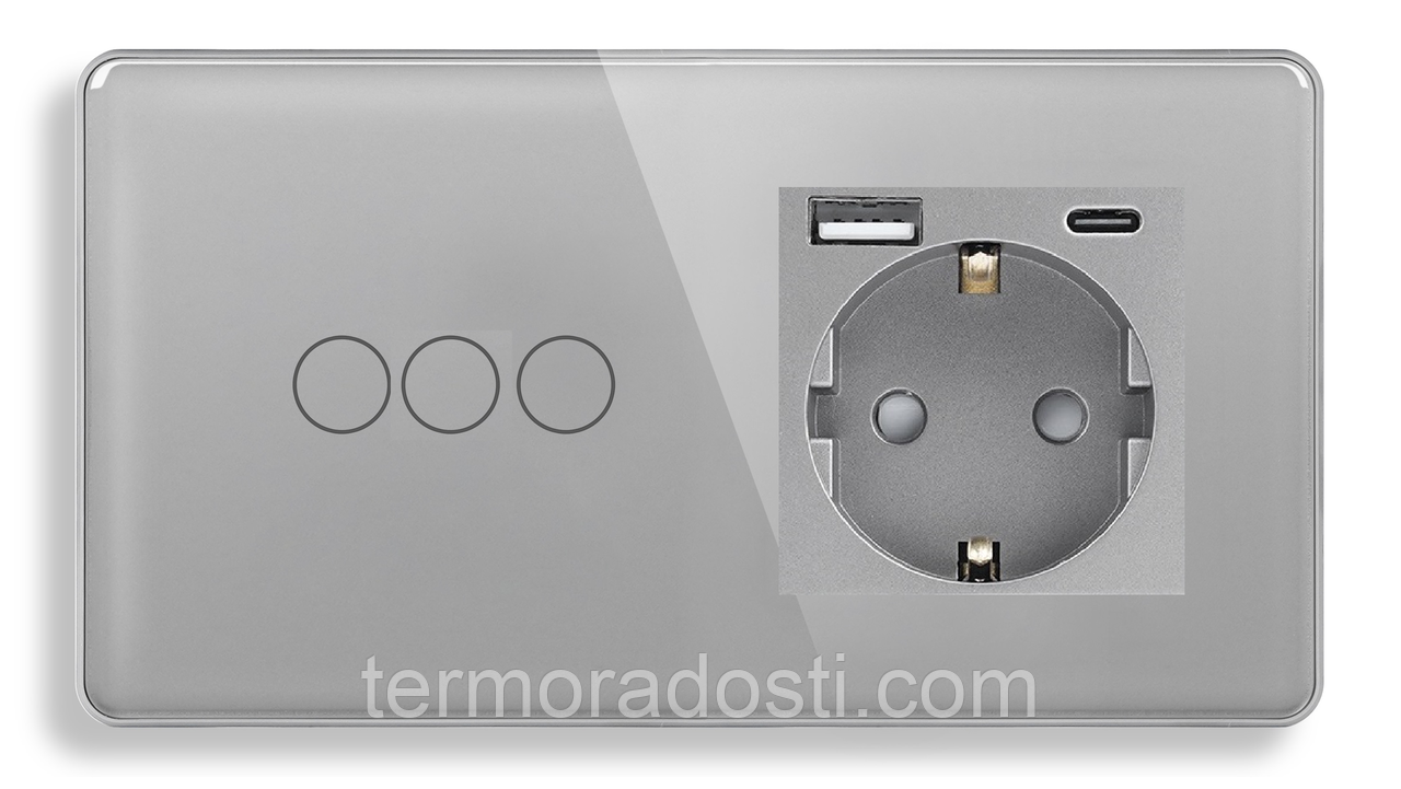 Сенсорний вимикач (3кл.) + Розетка з USB і Type-C 1DAL | Сірий Скло (G157D-SW3G-STUTC.GR)