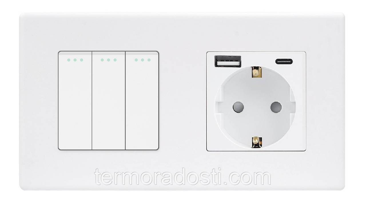 Вимикач (3кл.) + Розетка USB і Type-C 1DAL | Білий (P157-SW3G-STUTC.WT), фото 1