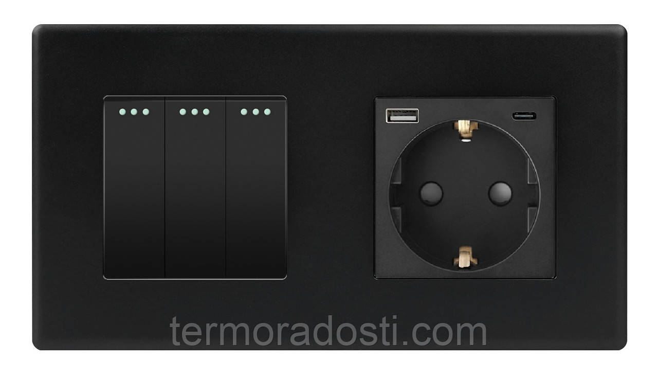 Вимикач (3кл.) + Розетка USB і Type-C 1DAL | Чорний (P157-SW3G-STUTC.BL), фото 1
