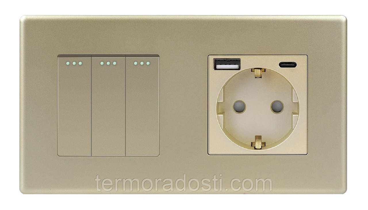 Вимикач (3кл.) + Розетка USB і Type-C 1DAL | Золото (P157-SW3G-STUTC.GD), фото 1