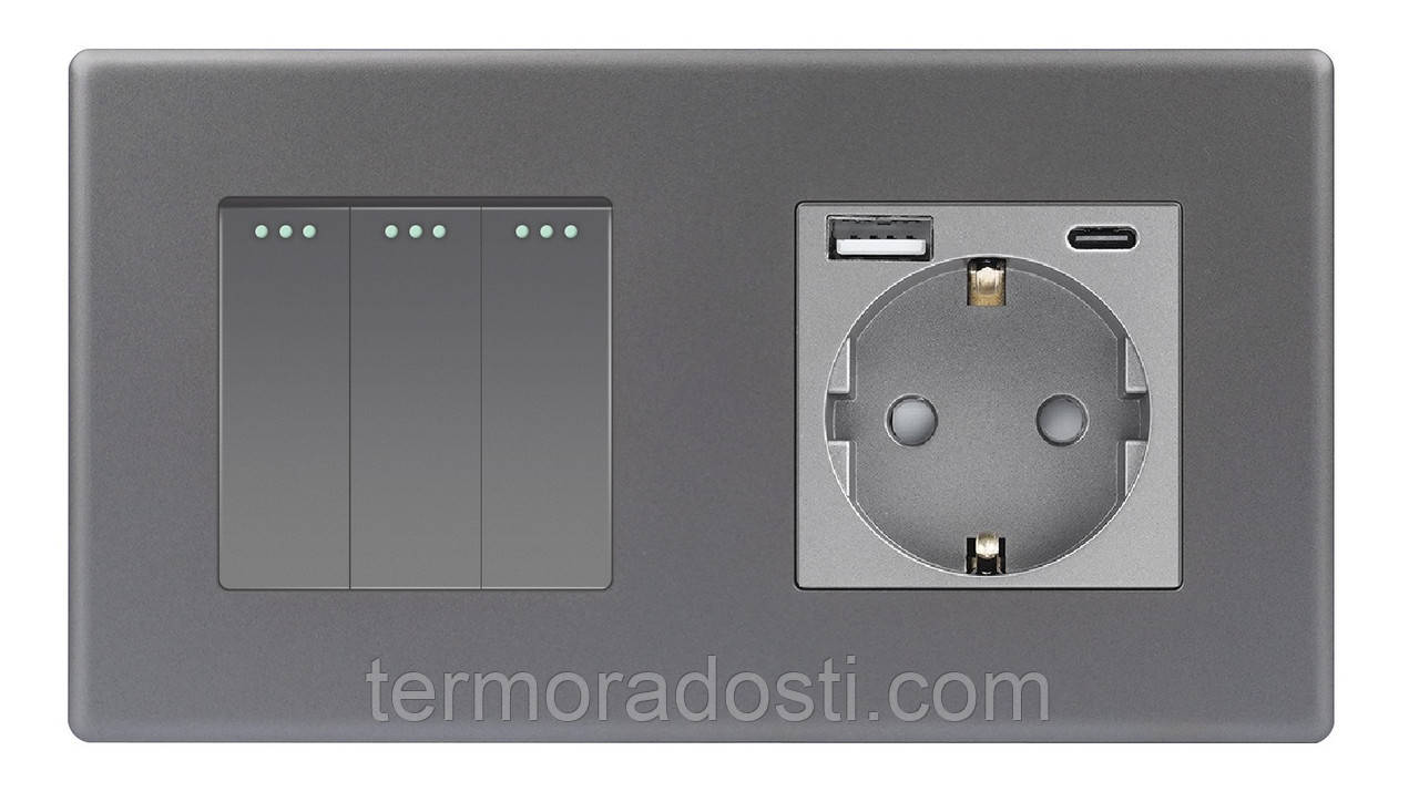Вимикач (3кл.) + Розетка USB і Type-C 1DAL | Сірий (P157-SW3G-STUTC.GR), фото 1