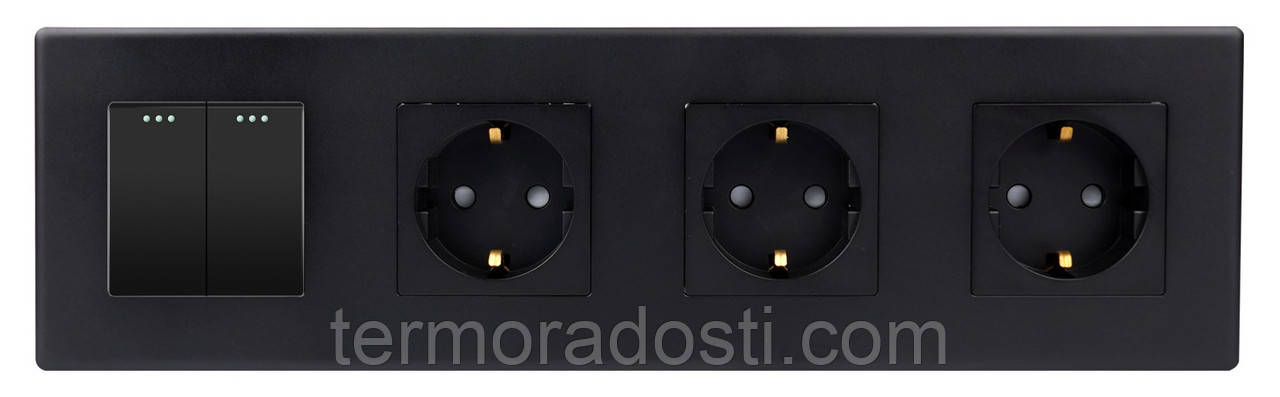 Вимикач 2-клавішний + Розетка З/К (3шт) 1DAL | Чорний (P299-SW2G-STX3.BL)
