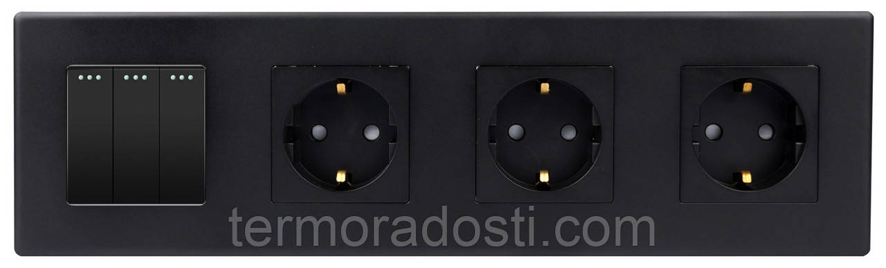 Вимикач 3-клавішний + Розетка З/К (3шт) 1DAL | Чорний (P299-SW3G-STX3.BL), фото 1