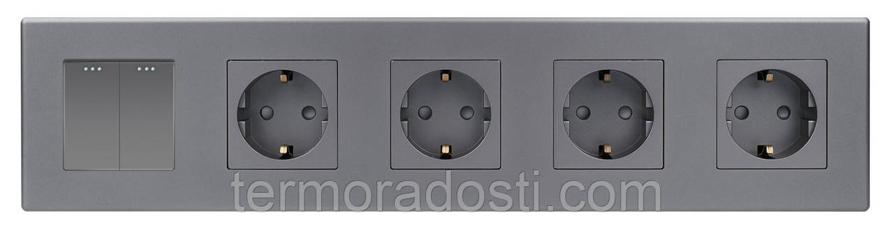 Вимикач 2-клавішний + Розетка З/К (4 шт.) 1DAL | Сірий (P370-SW2G-STX4.GR), фото 1