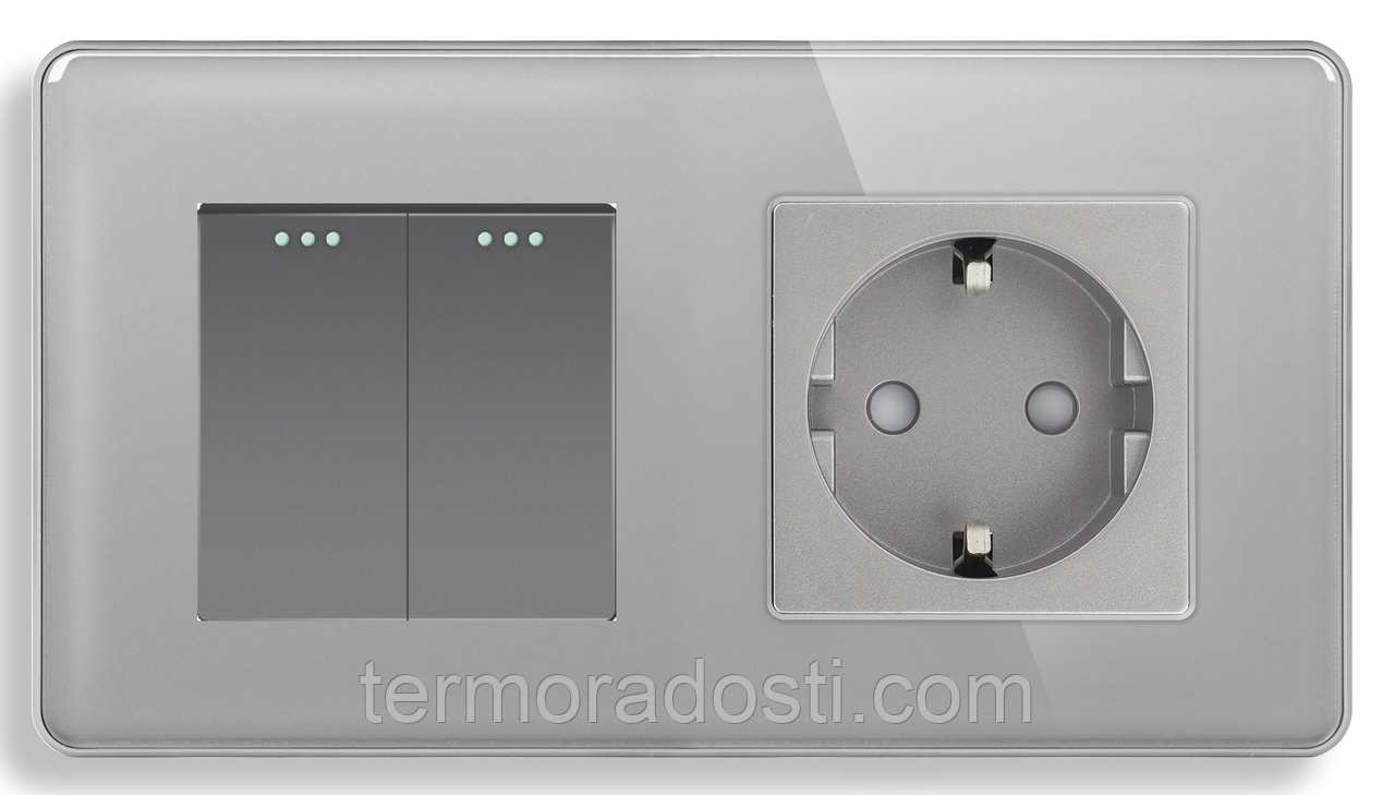 Скляний вимикач (2кл.) + Розетка З/К 1DAL | Сірий (G157D-PSW2G-ST.GR), фото 1