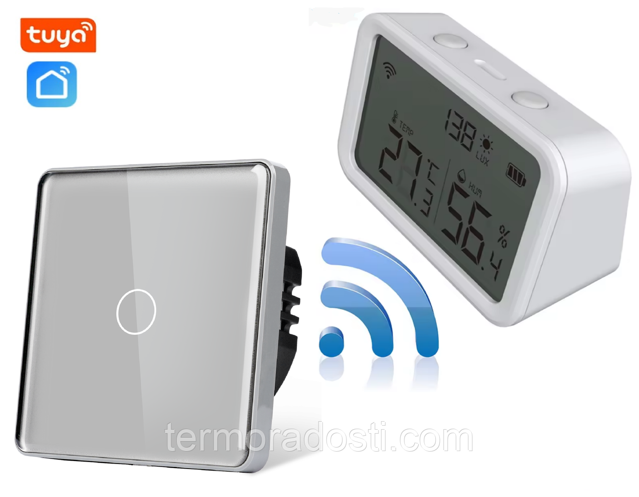 WIFI автоматизація клімату 1DAL ClimeKit WF3GR | Датчик температури та вологості + Сенсорний вимикач Сірий