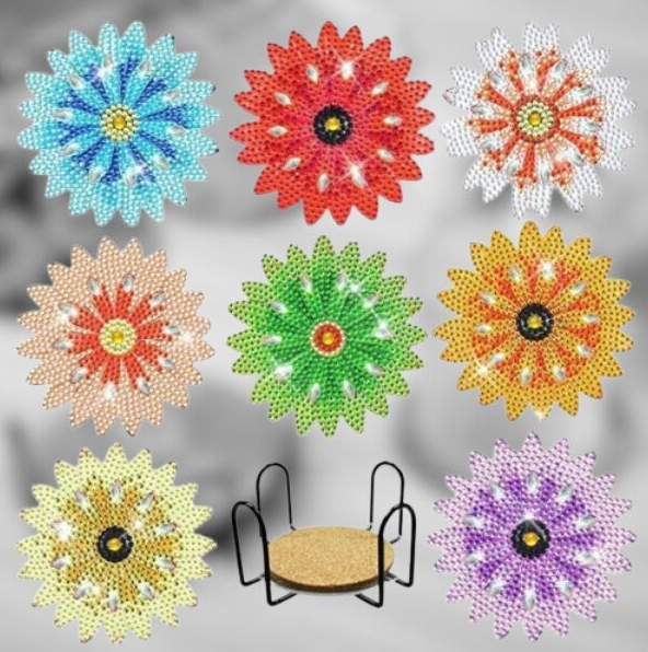 Алмазна мозаїка набір 8 шт, підставка під чашку своїми руками "Квіти", фото 1