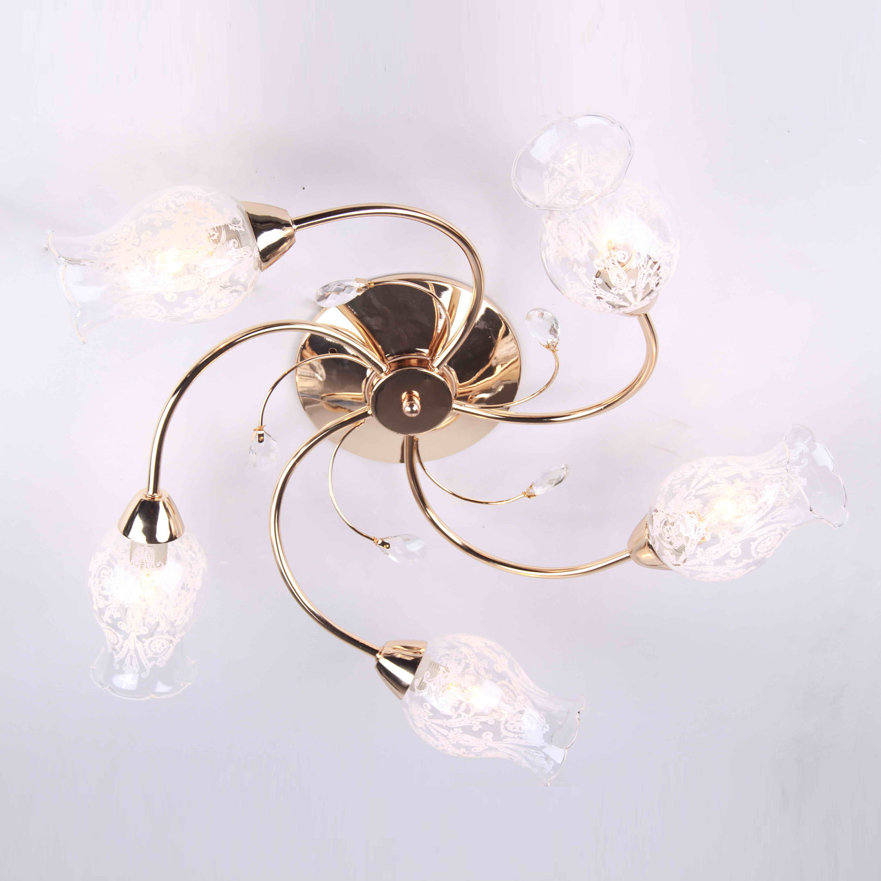 Люстра золота стельова з 5 прозорими плафонами та кристалами ELISEY, фото 1