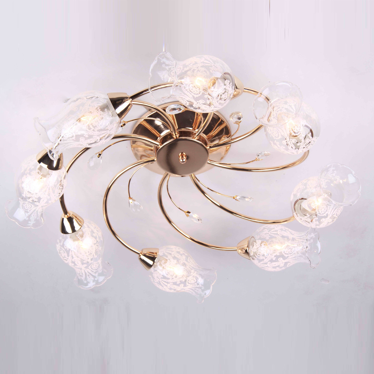 Люстра золота стельова з 8 прозорими плафонами та кристалами ELISEY, фото 1