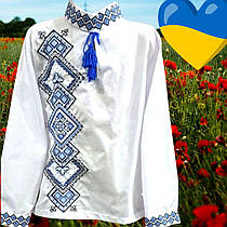 Опт Вишиванка для хлопчиків з довгим рукавом та боковим орнаментом р. 152-170, блакитна