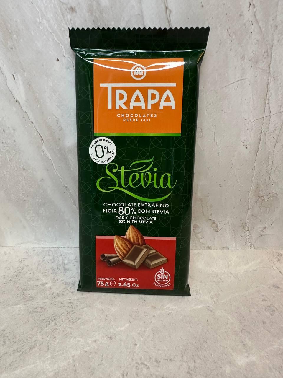 Чорний шоколад Trapa Stevia 80% без цукру, 75 г, фото 1