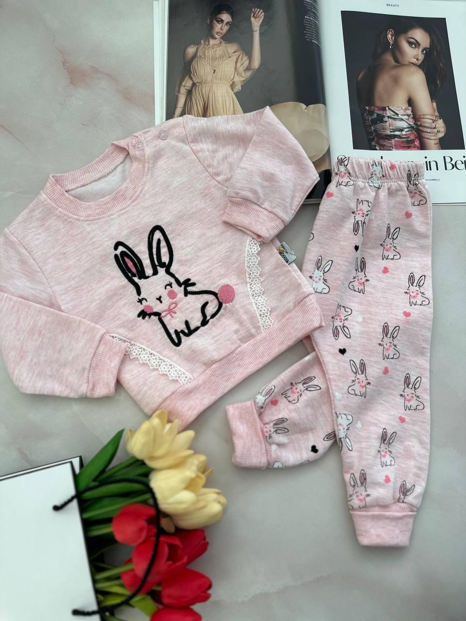 Комплект для дівчинки 2-а "Зайчик" байка + штани Рожевий 482, BABY, Рожевий, Дівчинка, Весна Осінь, 80, фото 1