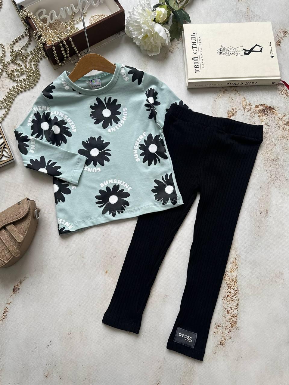 Комплект2-а кофточка в Ромашки + штани Чорні 6367, Yoyo Kids, Блакитний, Дівчинка, Весна Осінь, 98, фото 1