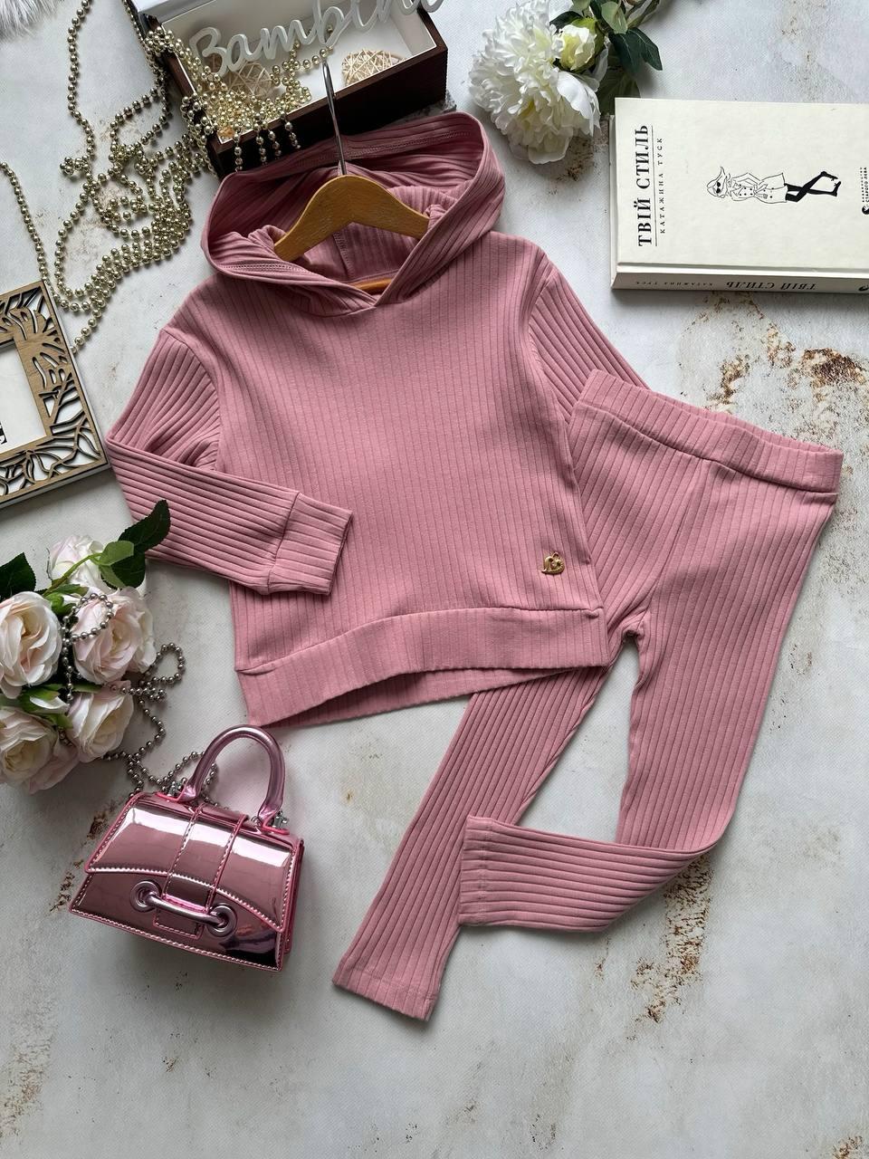 Комплект 2-а кофта з капюшоном і штани в рубчик 6427, Happy Star, Пудровий, Для дівчаток, Весна Осінь, 98, фото 1