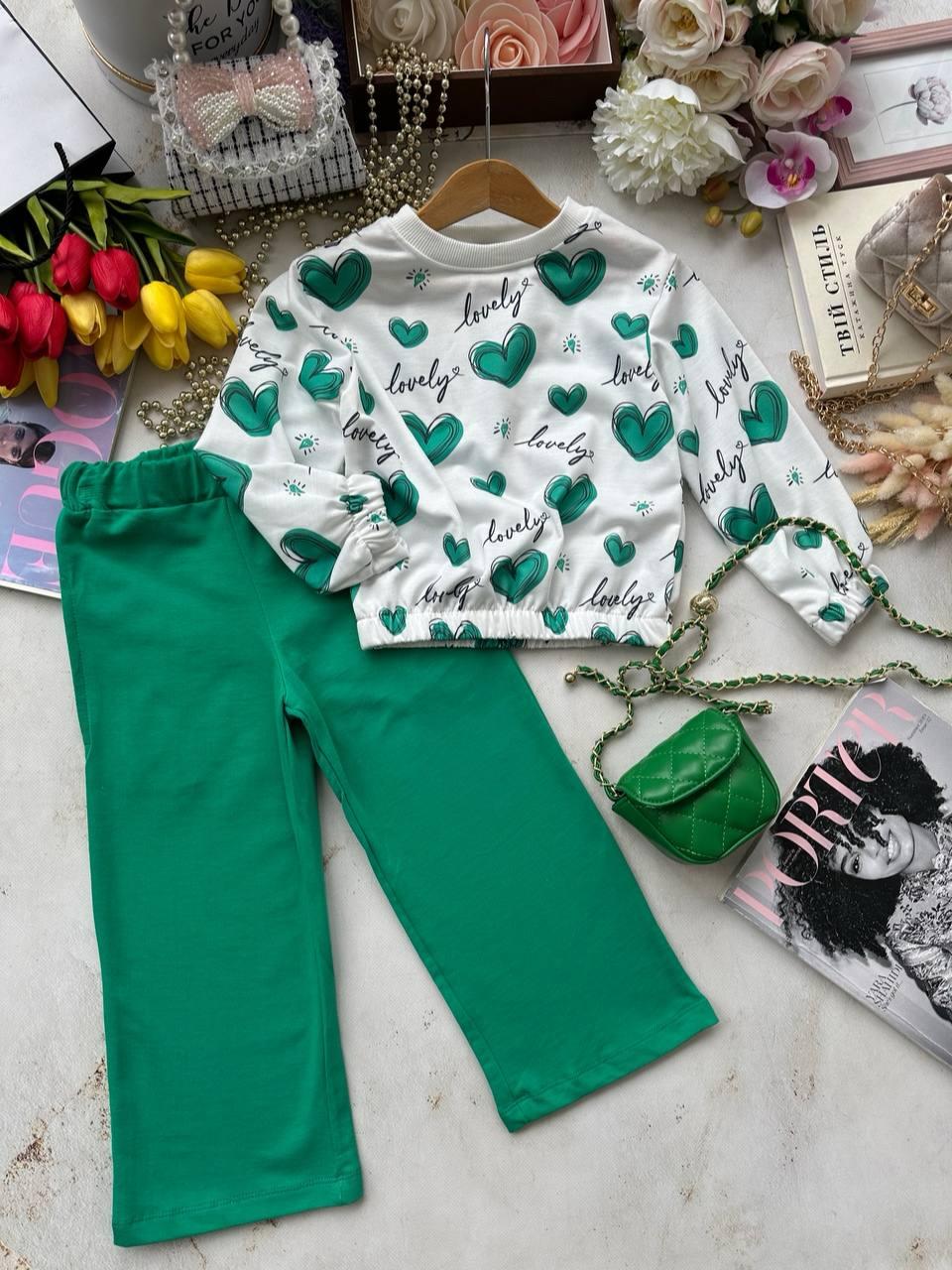 Костюм для дівчинки 2-а реглан у серці Біла + штани 8020, Yoyo Kids, Зелений, Дівчинка, Весна Осінь, 104, фото 1