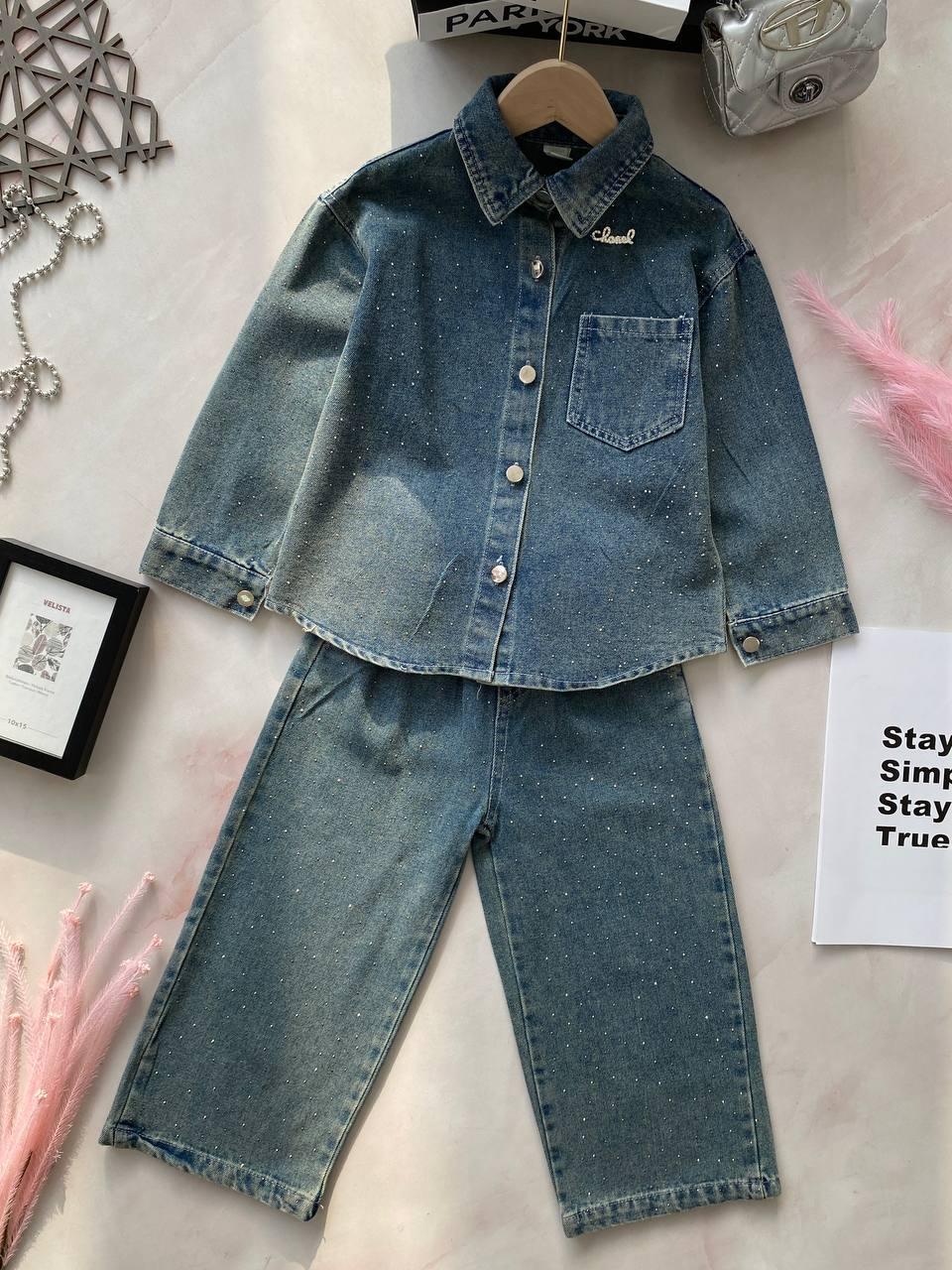Джинсовий костюм на дівчинку з сорочкою зі стразами Синій 25032, Синій, Для дівчаток, Весна Осінь, 104, фото 1