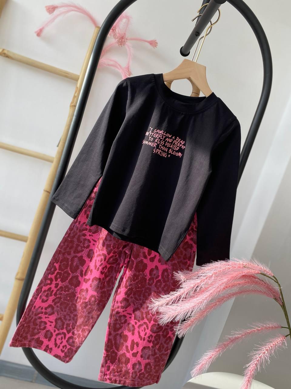 Костюм на дівчинку лонгслів з джинсами в рожевий леопард 25062, Рожевий, Для дівчаток, Весна Осінь, 110, фото 1