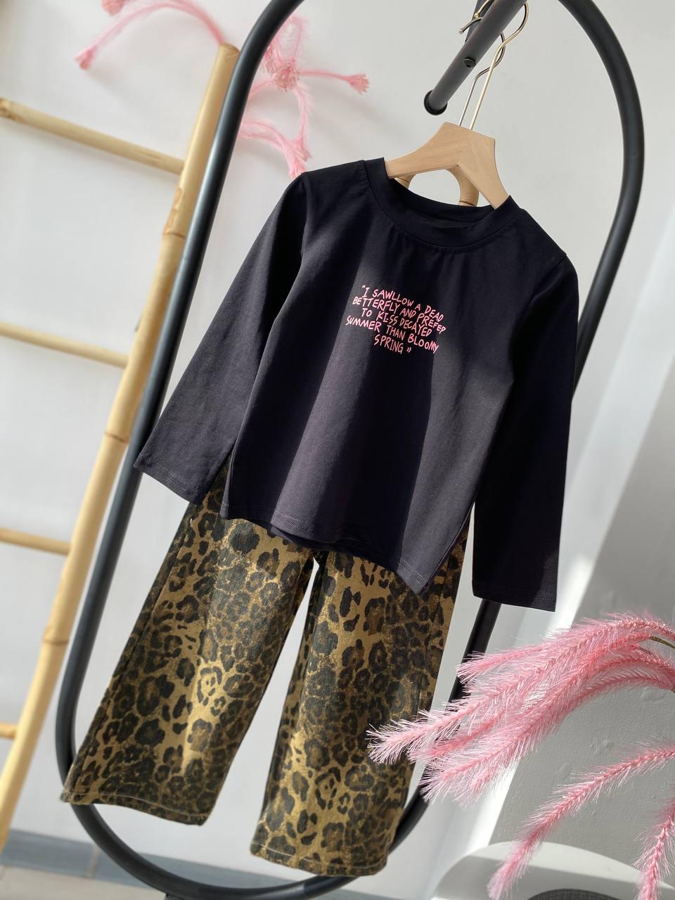 Костюм 2-а лонгслів чорний джинси леопард Оливковий 25062 , Оливковий, Для дівчаток, Весна Осінь, 110, фото 1