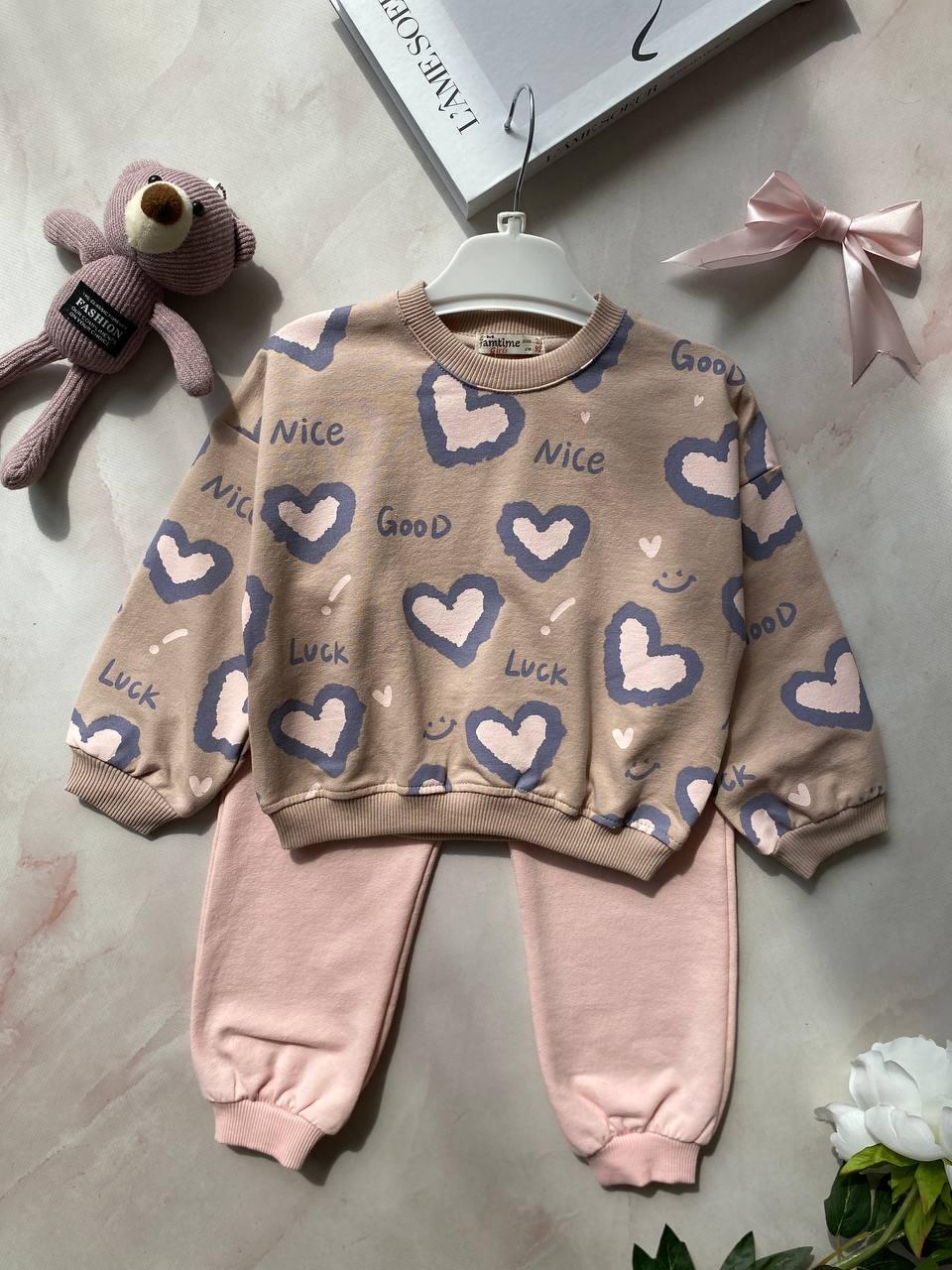 Комплект 2-а кофта в сердечки + штани Бежевий 317523, Pamtime, Бежевий, Дівчинка, Весна Осінь, 104, фото 1